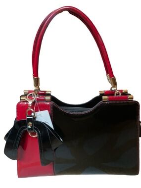 NWT Scarleton Elegant Two Tone Satchel Purse in Black & Red Patent Leather w Bow